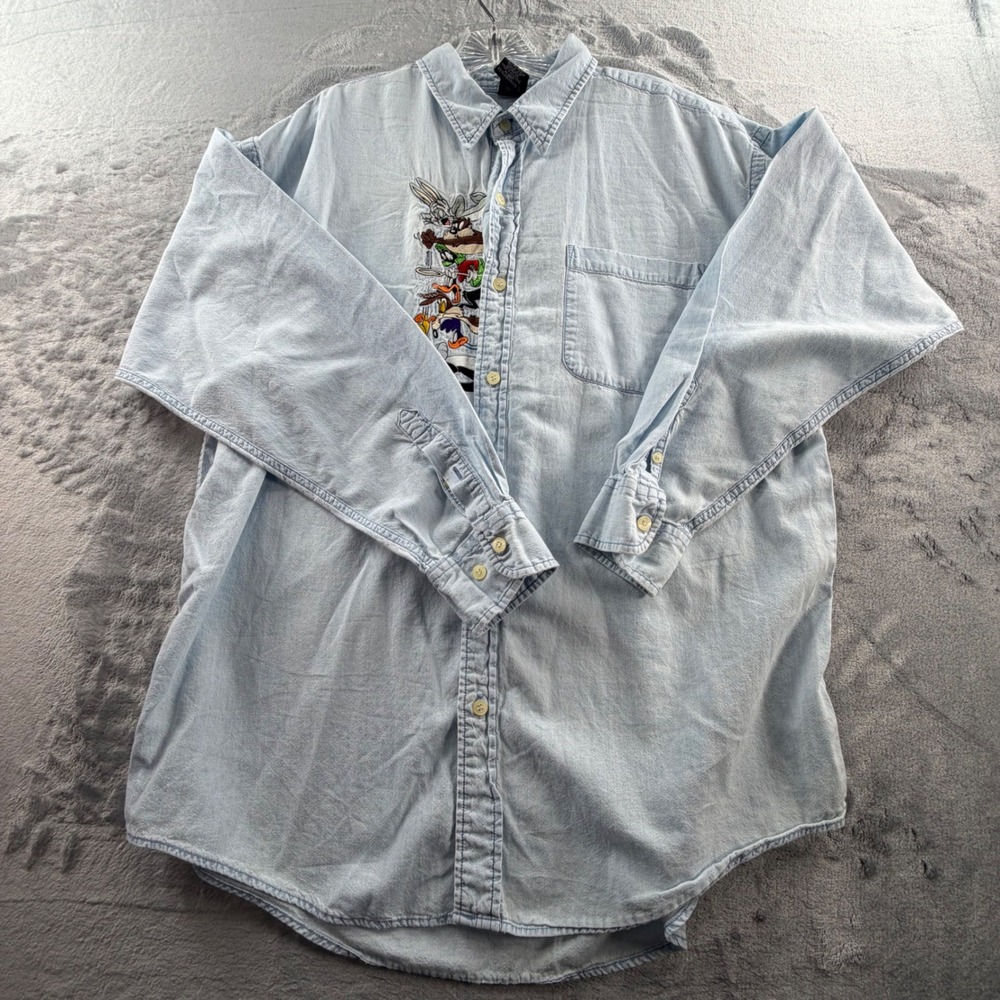 Warner Bros Looney Tunes Denim Shirt Mens L Light Blue Embroidered 90s - Picture 5 of 8